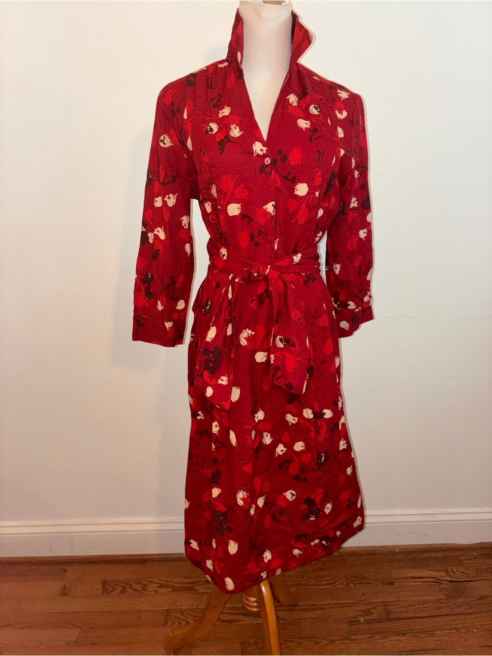 Newport News Red Floral Tie-Waist dress cotton
